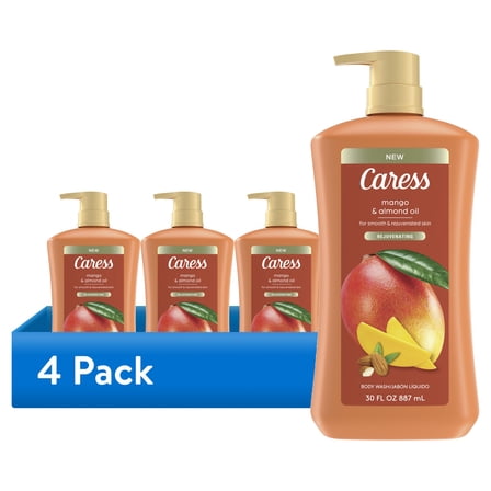 (4 pack) Caress Body Wash for Women, Mango & Almond Oil Shower Gel for All Skin 30 fl oz