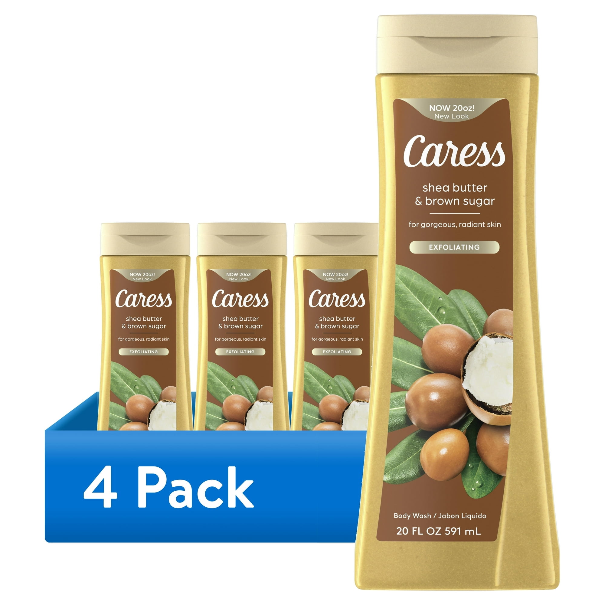 (4 pack) Caress Shea Butter & Brown Sugar Body Wash, Exfoliating & Moisturizing, Hyaluronic Acid, 20 oz