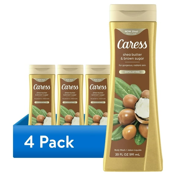 (4 pack) Caress Exfoliating Body Wash for Women, Shea Butter & Brown Sugar Shower Gel for All Skin 20 fl oz