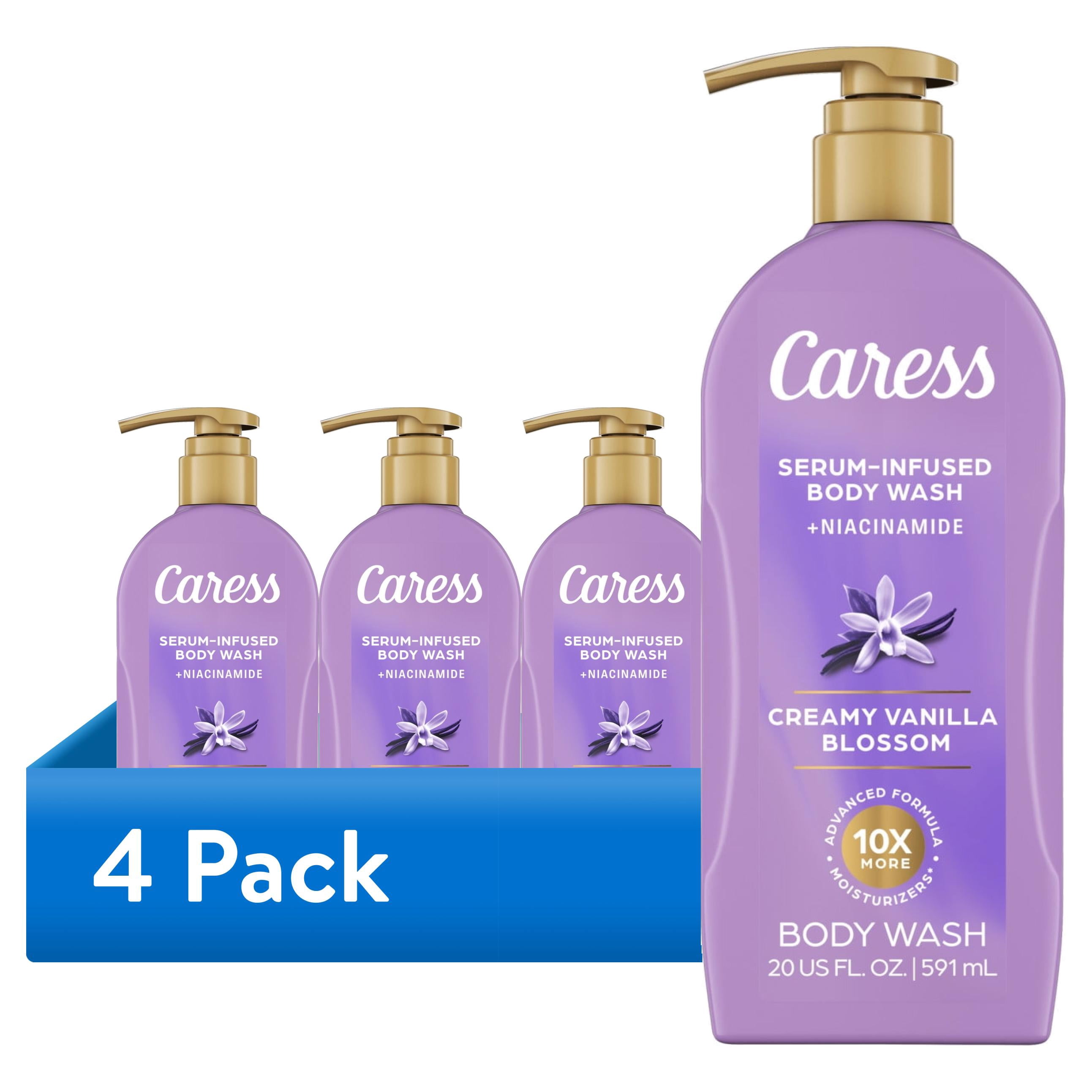 (4 pack) Caress Creamy Vanilla Body Wash, Serum-Infused Moisturizing Wash, Long-Lasting Fragrance, 20 fl oz