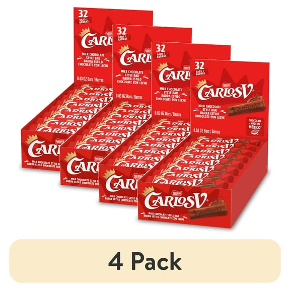 (4 pack) Carlos V Milk Chocolate Style Full-Size Mexican Candy Bar  32 Count 1.27 lb.