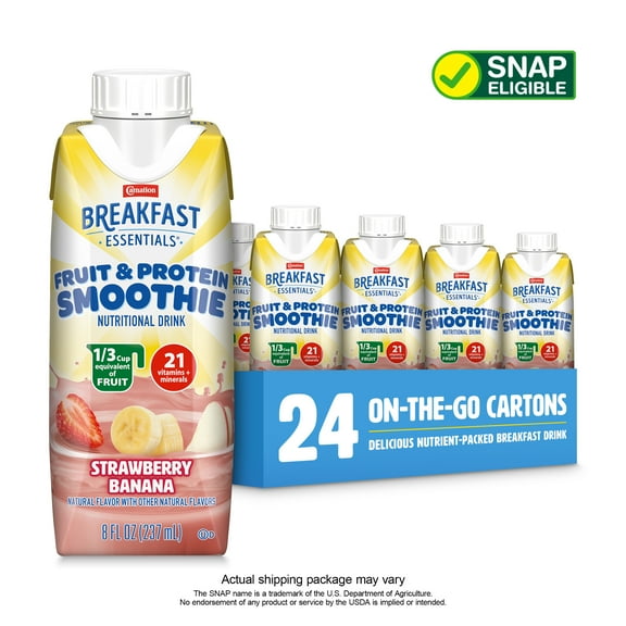 (4 pack) Carnation Breakfast Essentials Fruit & Protein Smoothie Nutritional Drink Shakes, Strawberry Banana Breakfast Shake, 8 fl oz, 6 Pack