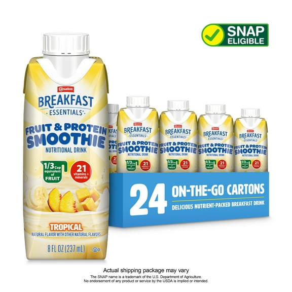 (4 pack) Carnation Breakfast Essentials Fruit & Protein Smoothie Nutritional Drink Shakes, Tropical, 8 fl oz, 6 Pack