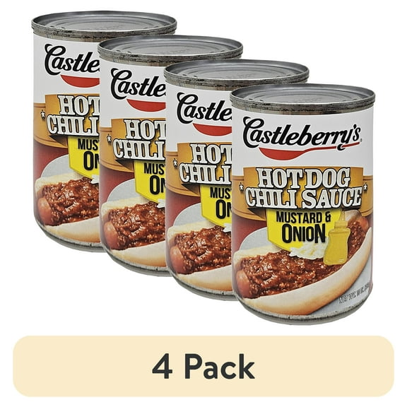 (4 pack) Castleberry’s Hot Dog Chili Sauce, Mustard & Onion, 10 oz Can – Ready in Minutes Topping for Hot Dogs and Coney-Style Franks