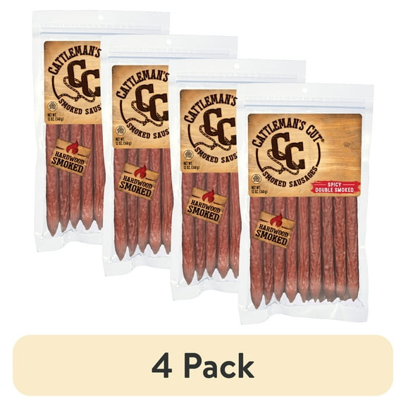 (4 pack) Cattleman's Cut Spicy Double Smoked Sausage Sticks 12oz Resealable Plastic Pouch