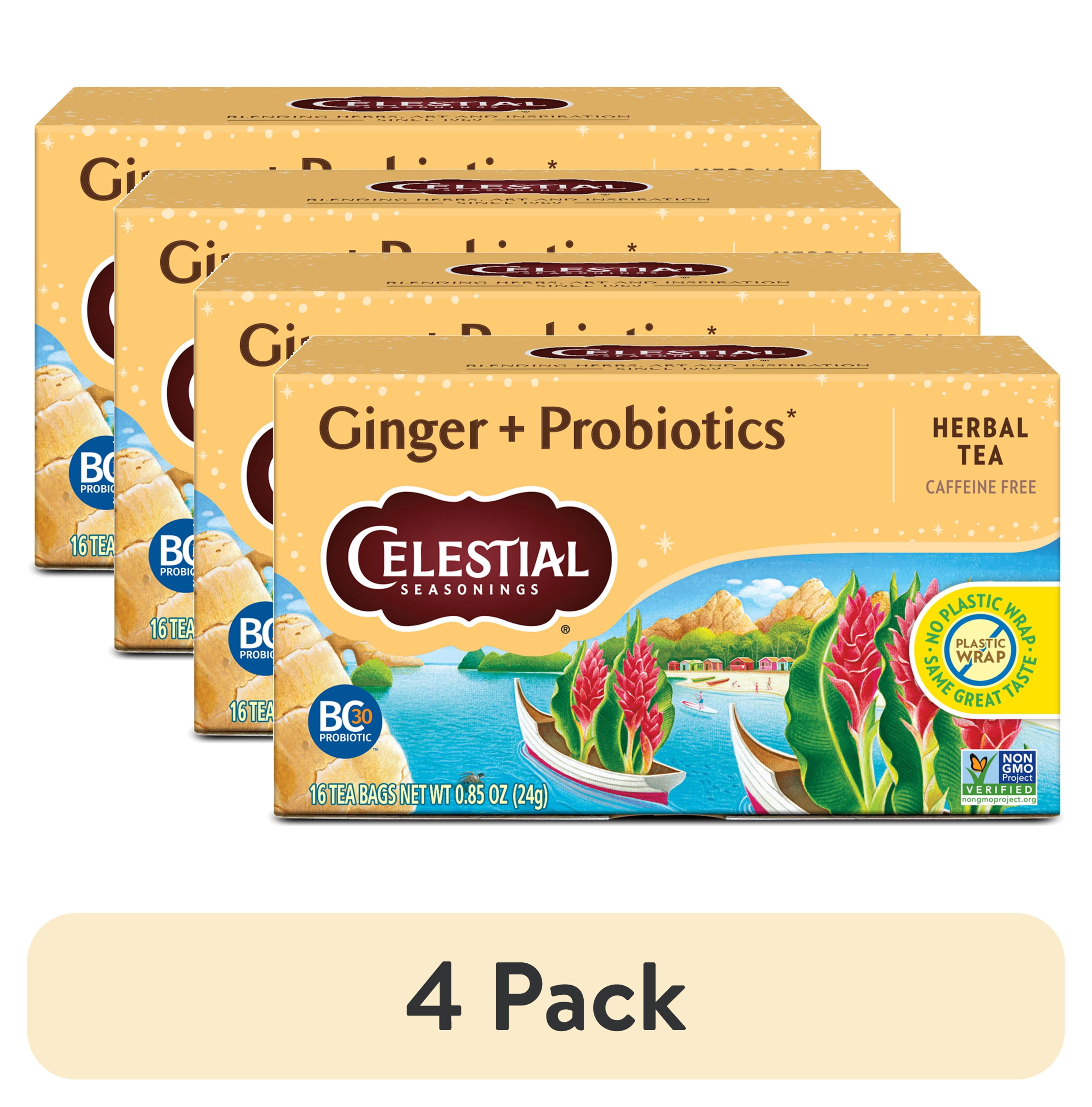 (4 pack) Celestial Seasonings Ginger Probiotics Caffeine-Free Herbal Tea Bags (16 Count)