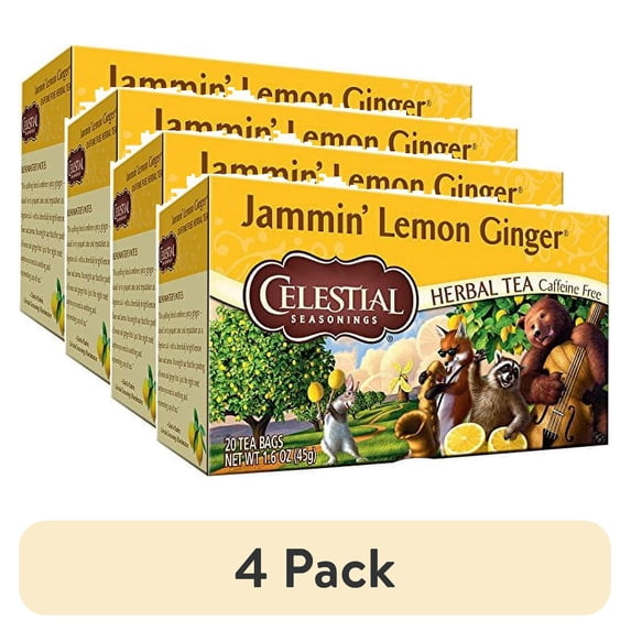 (4 pack) Celestial Seasonings Herbal Tea Caffeine Free Jammin' Lemon Ginger - 20 Tea Bags