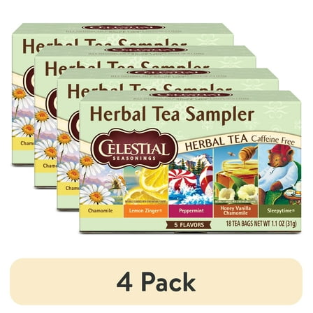 (4 pack) Celestial Seasonings Herbal Tea Sampler, Caffeine-Free Herbal Tea Bags (18 Count)