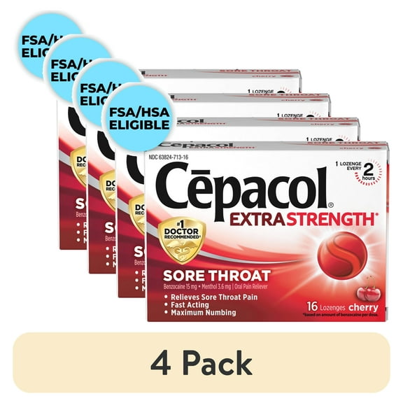 (4 pack) Cepacol Maximum Strength Throat Drop Lozenges, Cherry, 16 Count