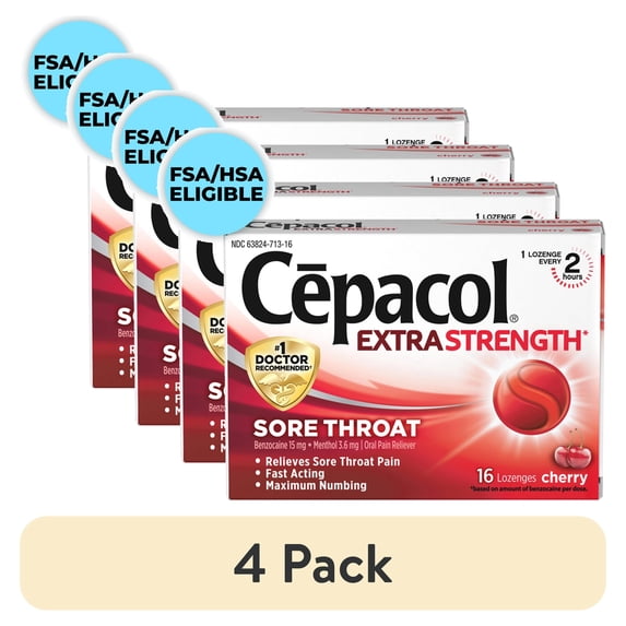 (4 pack) Cepacol Maximum Strength Sore Throat Drop Lozenges, Cherry, 16 Count