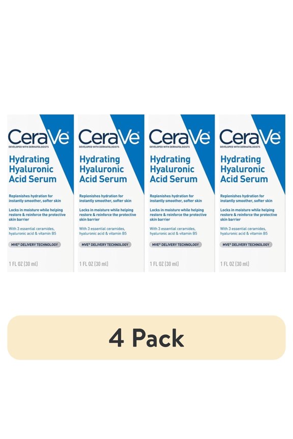 (4 pack) CeraVe Hyaluronic Acid Serum for Smoother Softer Skin, Hydrating Skincare Normal to Dry Skin1 fl oz