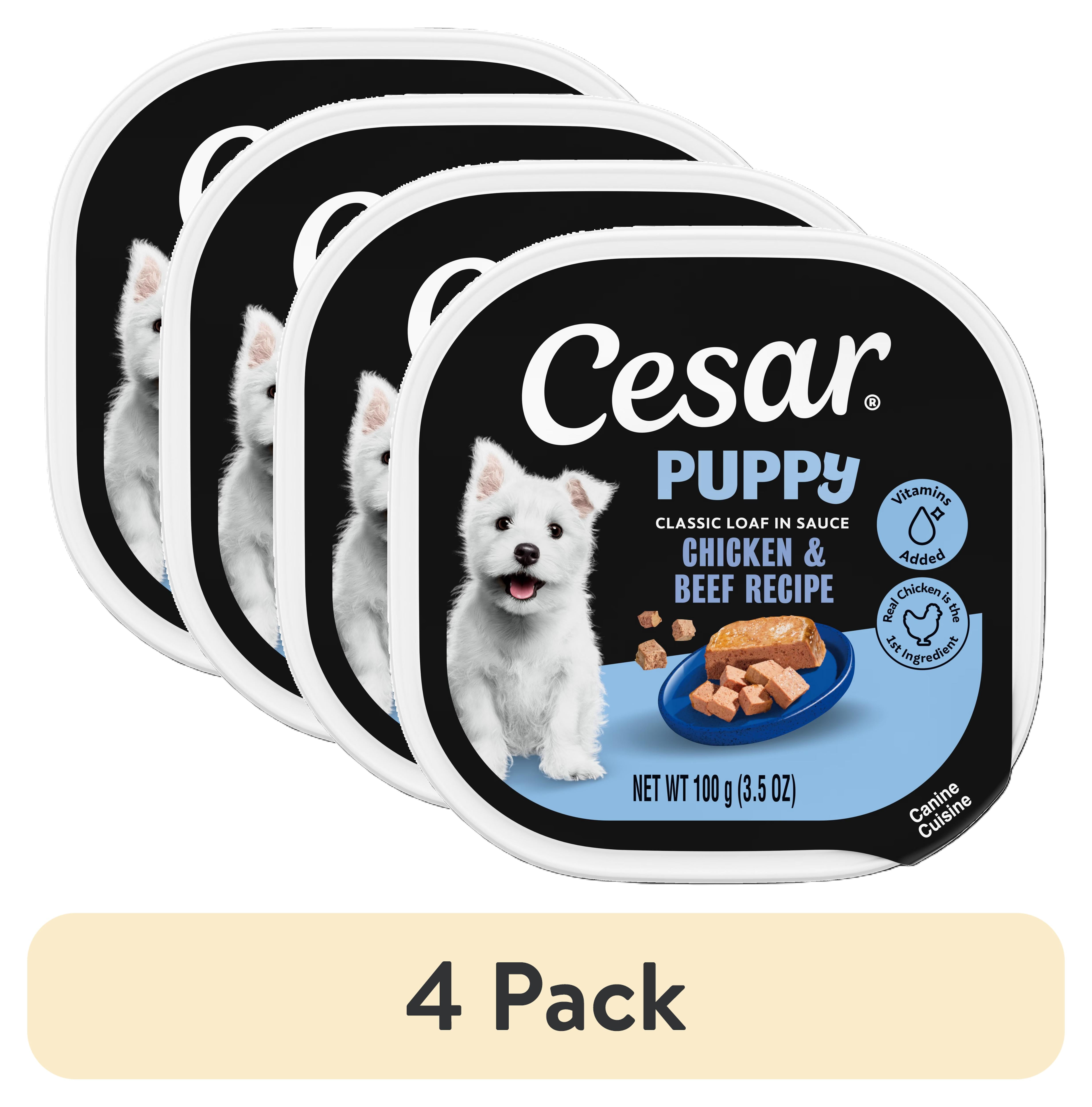 (4 pack) Cesar Classic Loaf In Sauce Chicken And Beef Recipe Wet Dog Food For Puppies, 3.5 Oz Tray