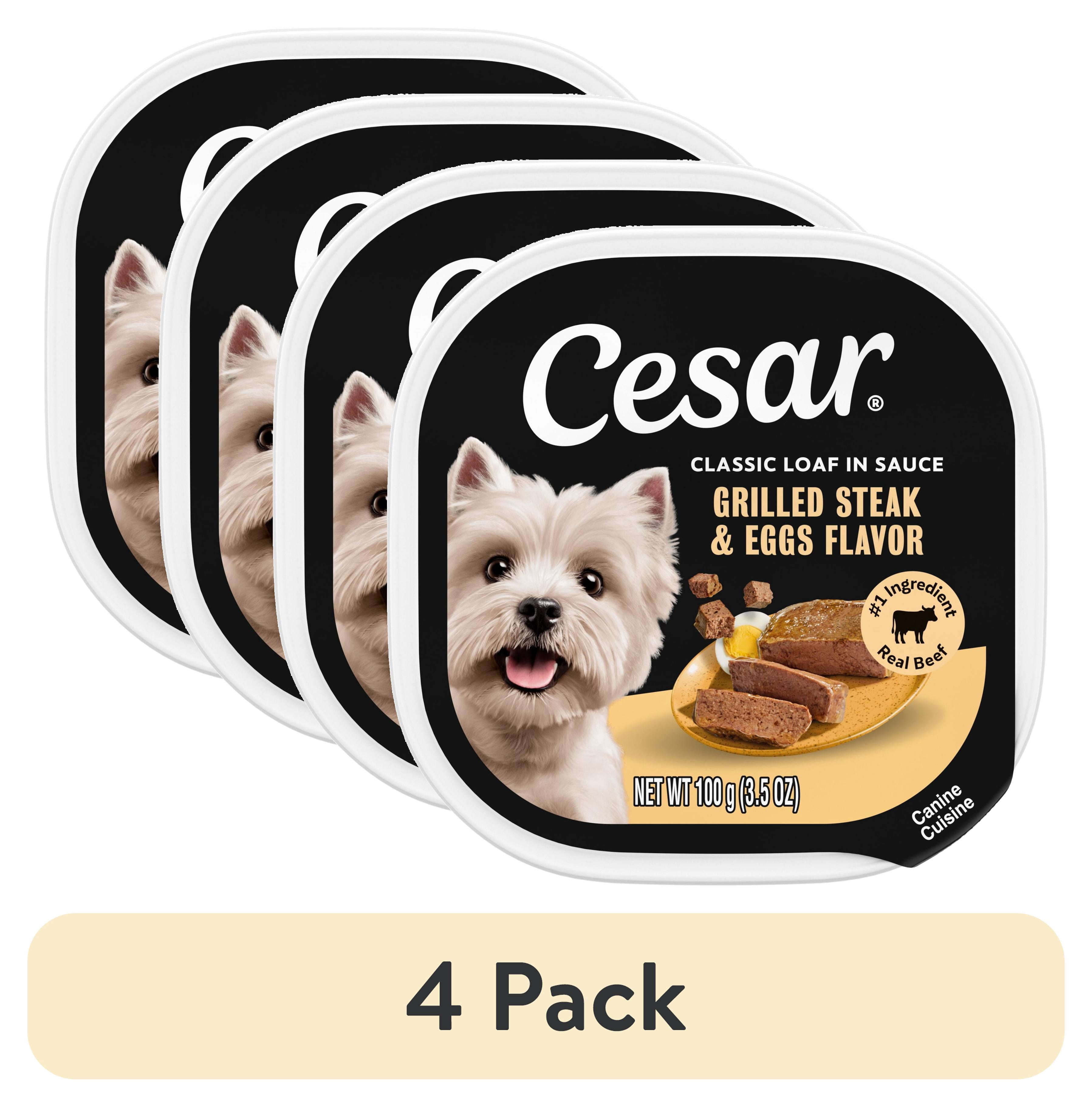(4 pack) Cesar Classic Loaf In Sauce Grilled Steak & Eggs Flavor Adult Wet Dog Food, 3.5-Oz Easy Peel Tray