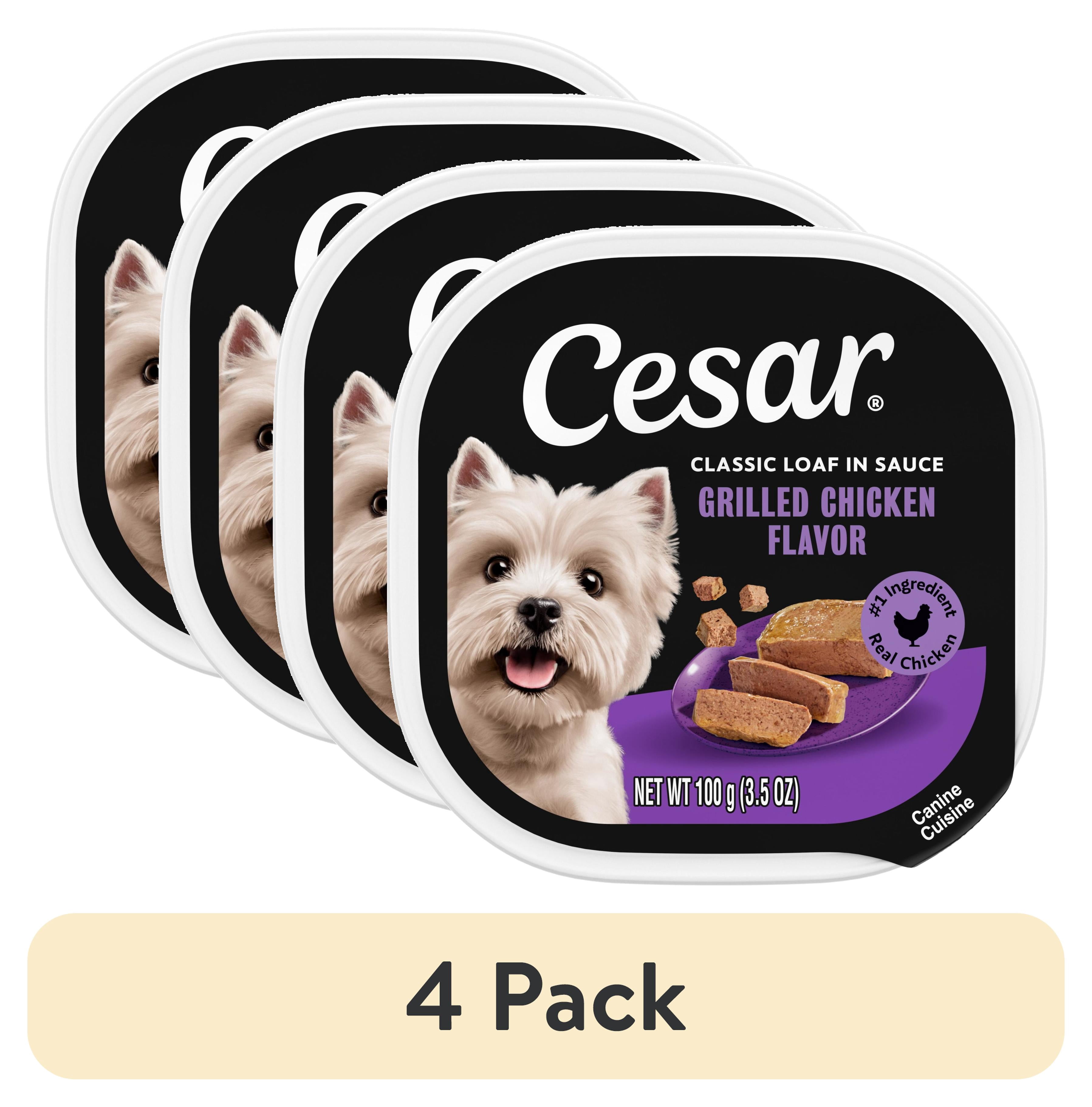 (4 pack) Cesar Classic Loaf in Sauce Wet Dog Food Grilled Chicken Flavor, 3.5 oz. Easy Peel Trays, 24 Count