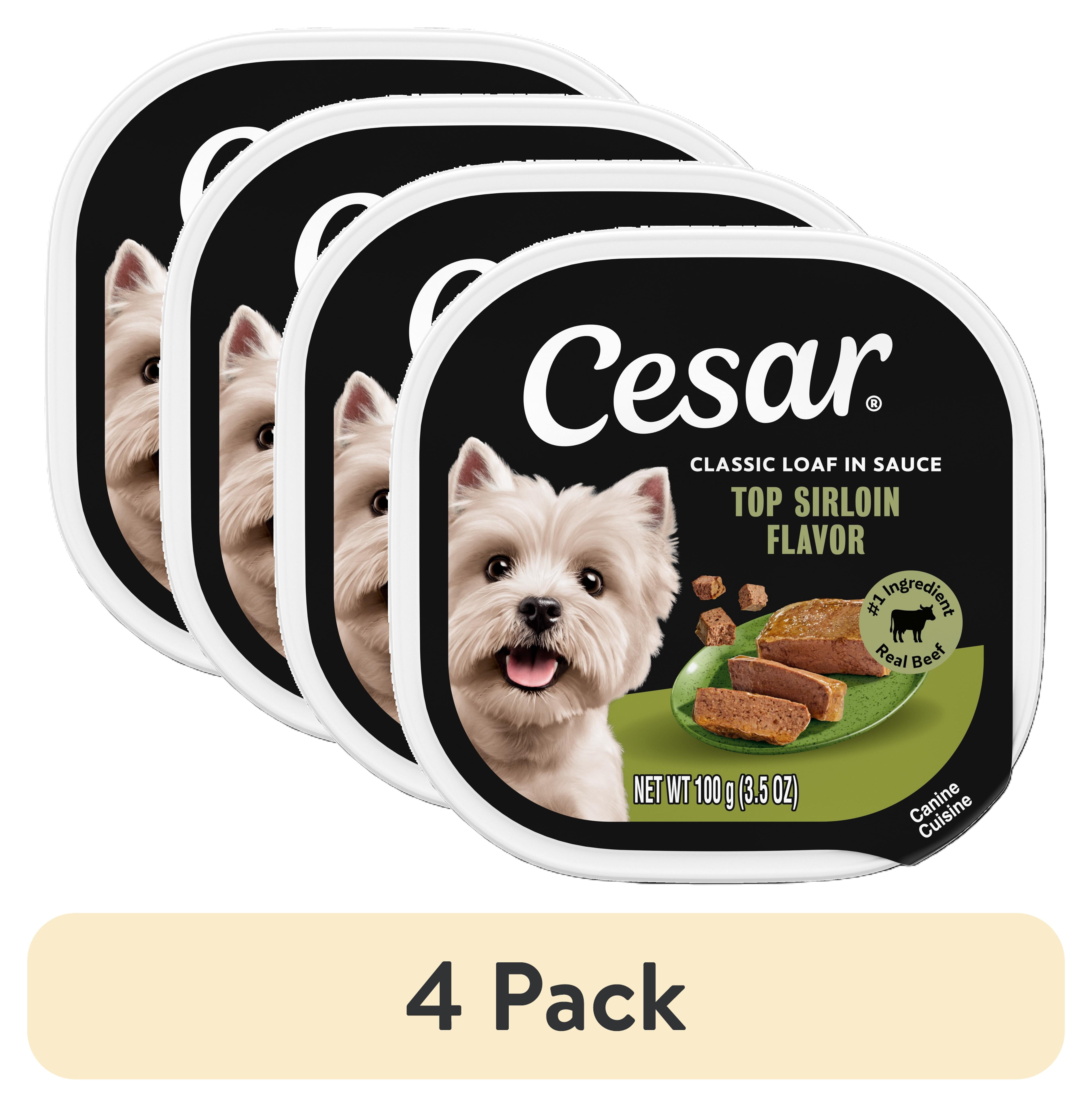 (4 pack) Cesar Classic Loaf in Sauce Wet Dog Food, Top Sirloin Flavor, 3.5 oz. Easy Peel Trays, 24 Count