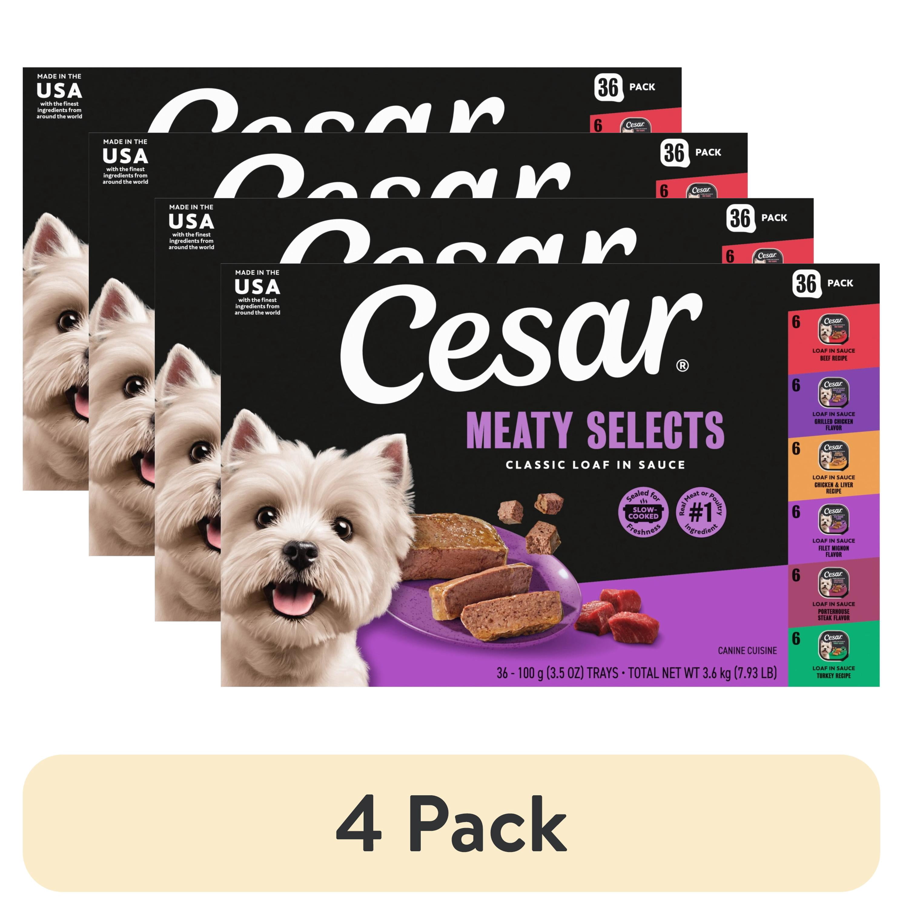 (4 pack) Cesar Loaf in Sauce Poultry and Beef Flavors Adult Wet Dog Food Variety Pack, 3.5 oz Trays, 36 Ct.
