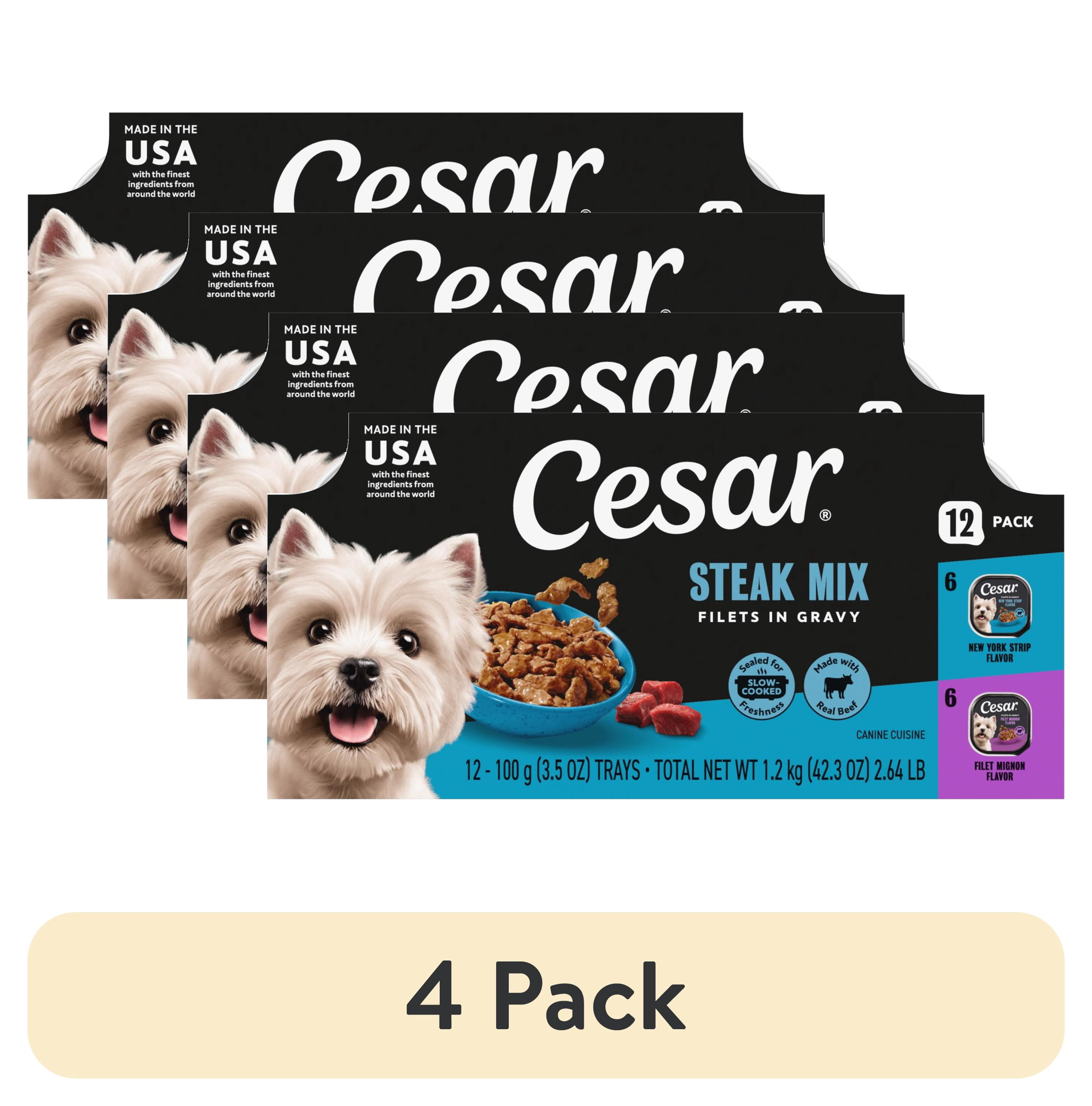 (4 pack) Cesar Filets in Gravy Beef Flavor Variety Pack Wet Dog Food Adult, 3.5 oz Easy Peel Trays, 12 Pack