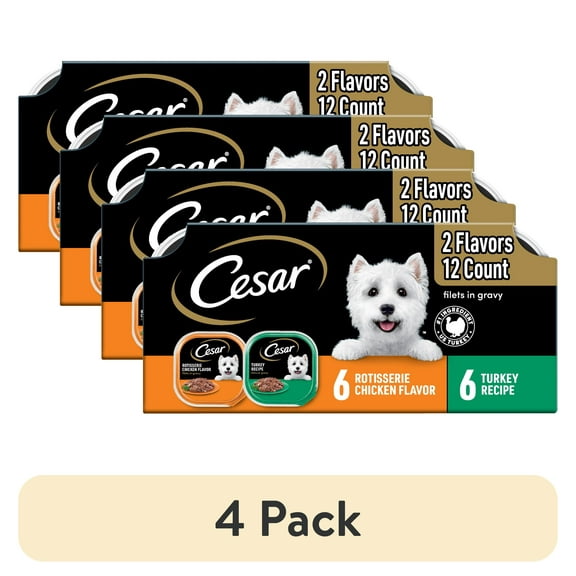 (4 pack) Cesar Filets in Gravy Poultry Flavor Variety Wet Dog Food Adult, 3.5 oz Easy Peel Trays (12 Pack)