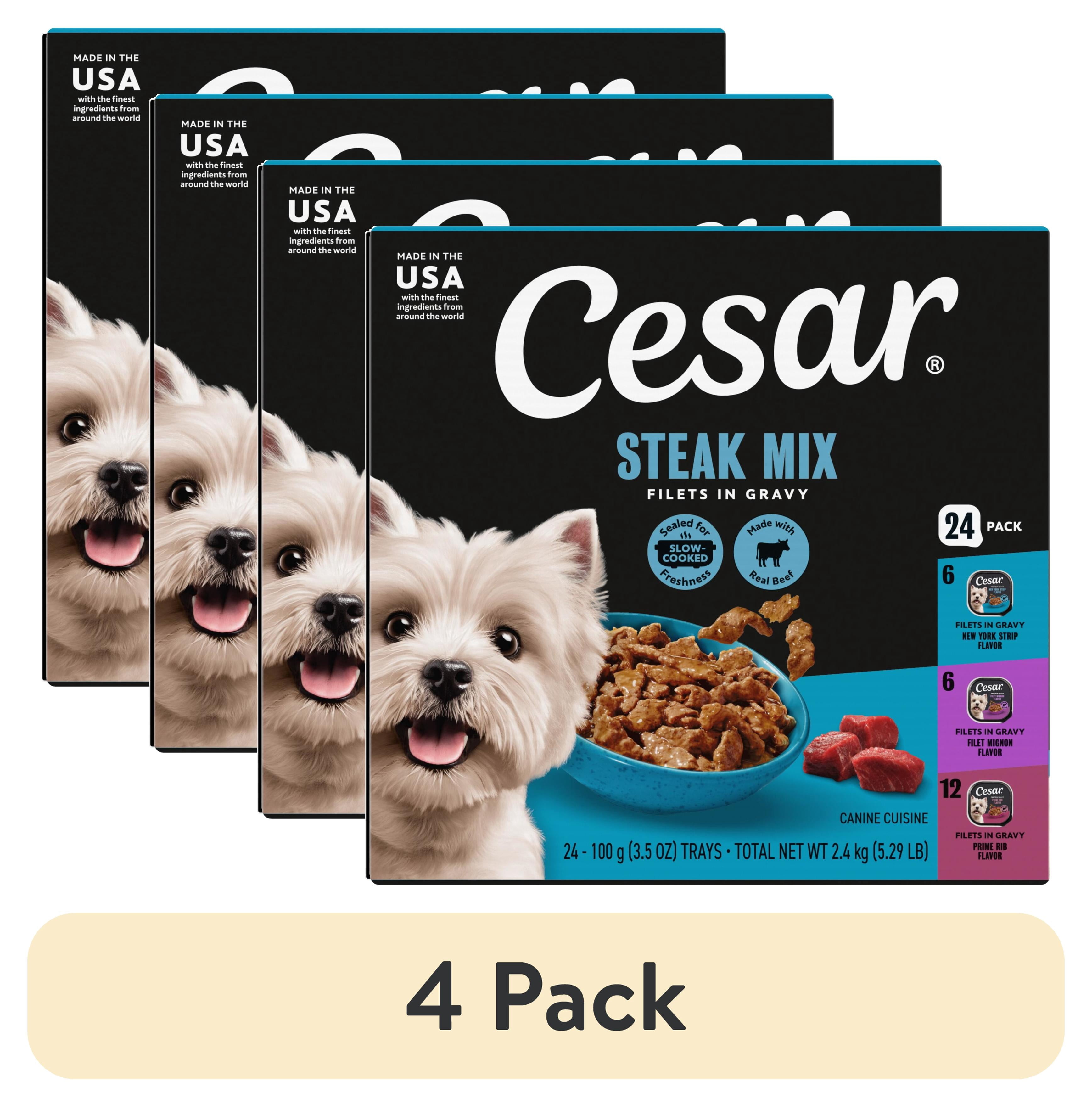(4 pack) Cesar Filets in Gravy Variety Flavors wet Dog Food Adult 3.5 oz Easy Peel Trays 24 Pack