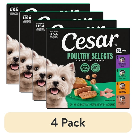 (4 pack) Cesar Loaf In Sauce Poultry Flavors Adult Wet Dog Food Variety Pack, 3.5 Oz Trays, 24 Ct.
