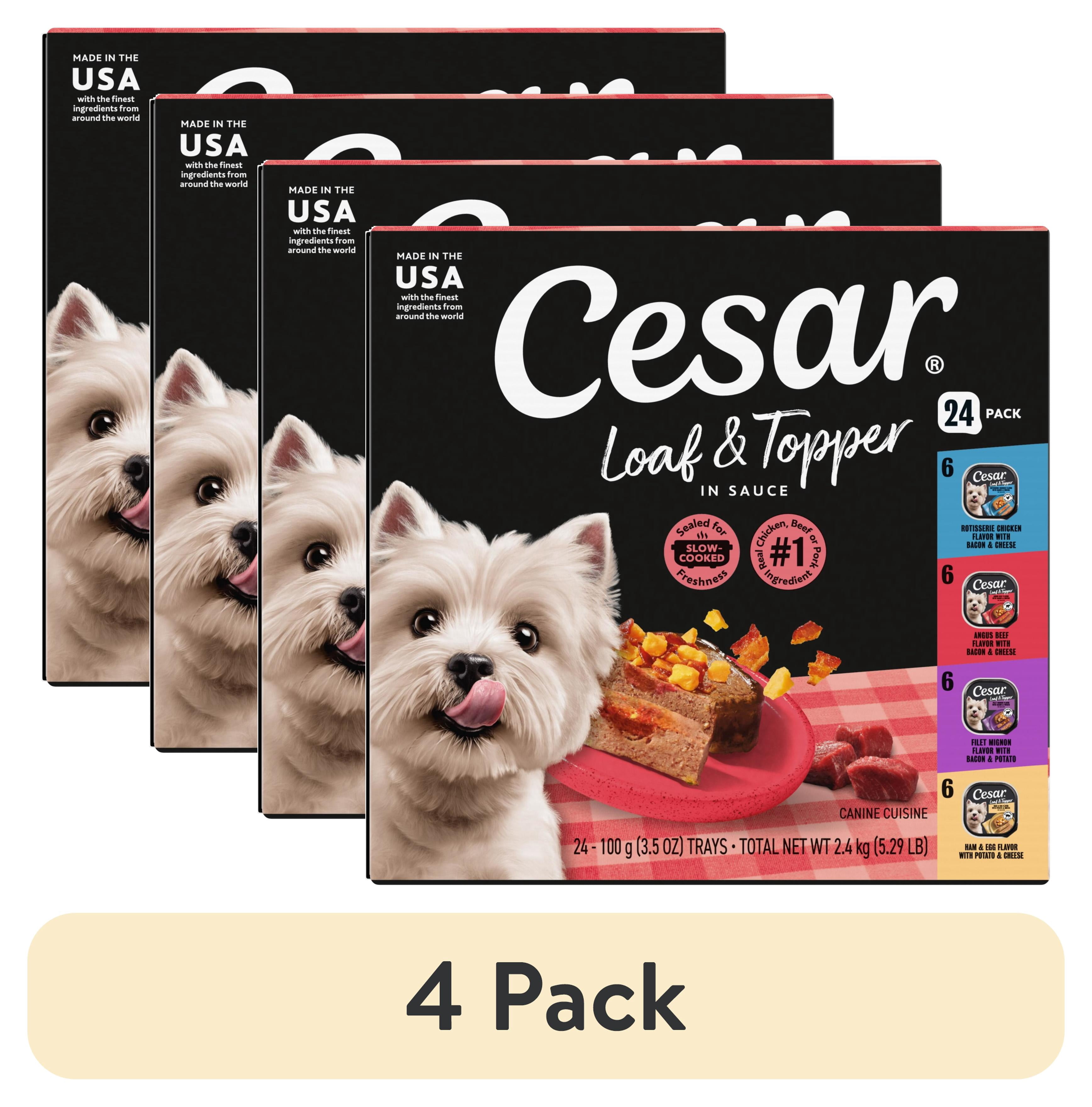 (4 pack) Cesar Loaf & Topper Chicken, Beef, & Pork Variety Pack Soft Wet Dog Food, 3.5 Oz Trays (24 Ct)