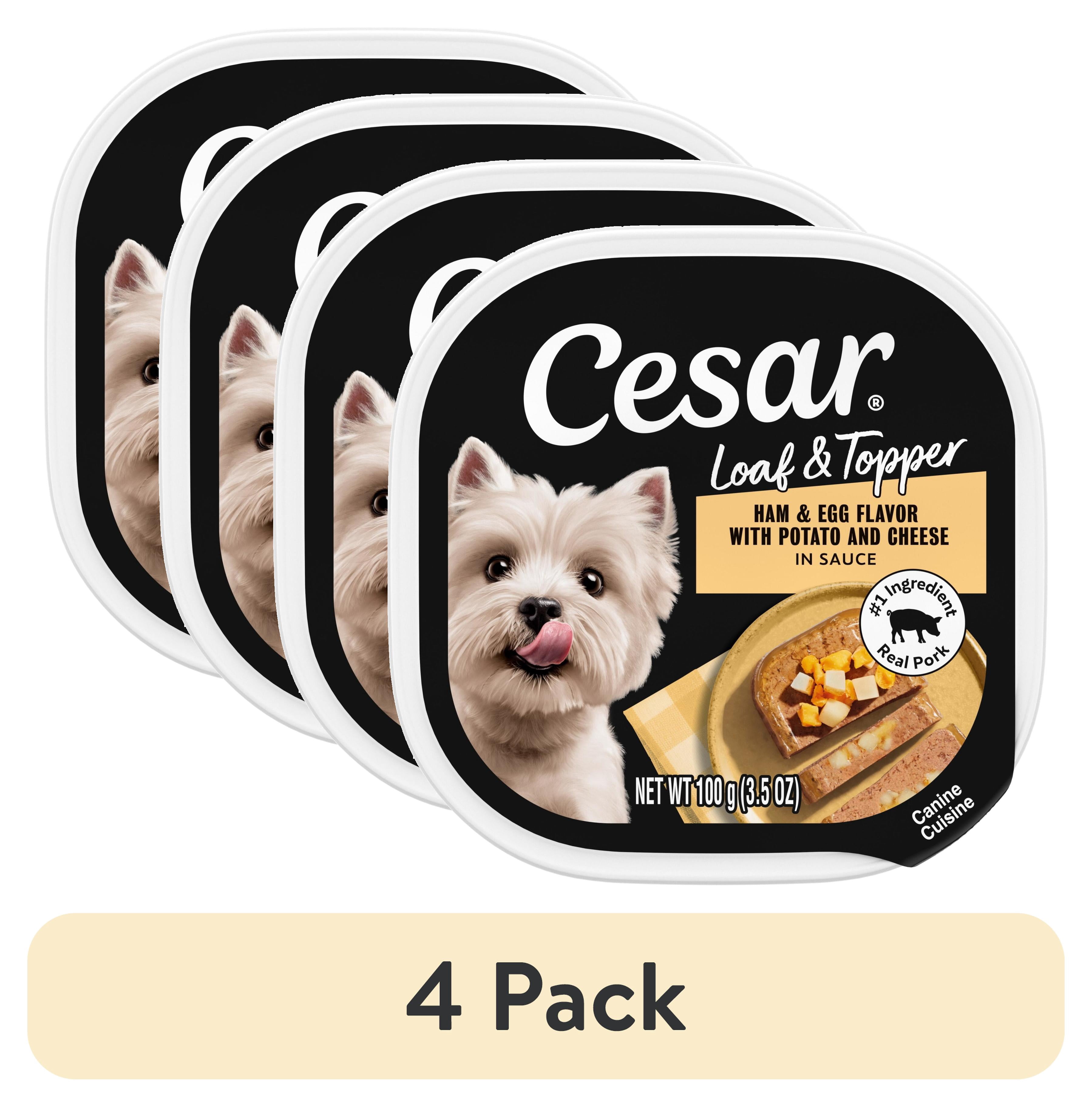 (4 pack) Cesar Loaf & Topper In Sauce Ham & Egg Flavor With Potato & Cheese Wet Dog Food, 3.5 Oz Tray