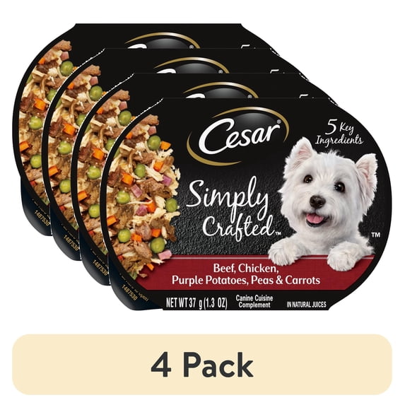 (4 pack) Cesar Simply Crafted Beef, Chicken and Vegetables Wet Dog Food Topper, 1.3 oz Tub