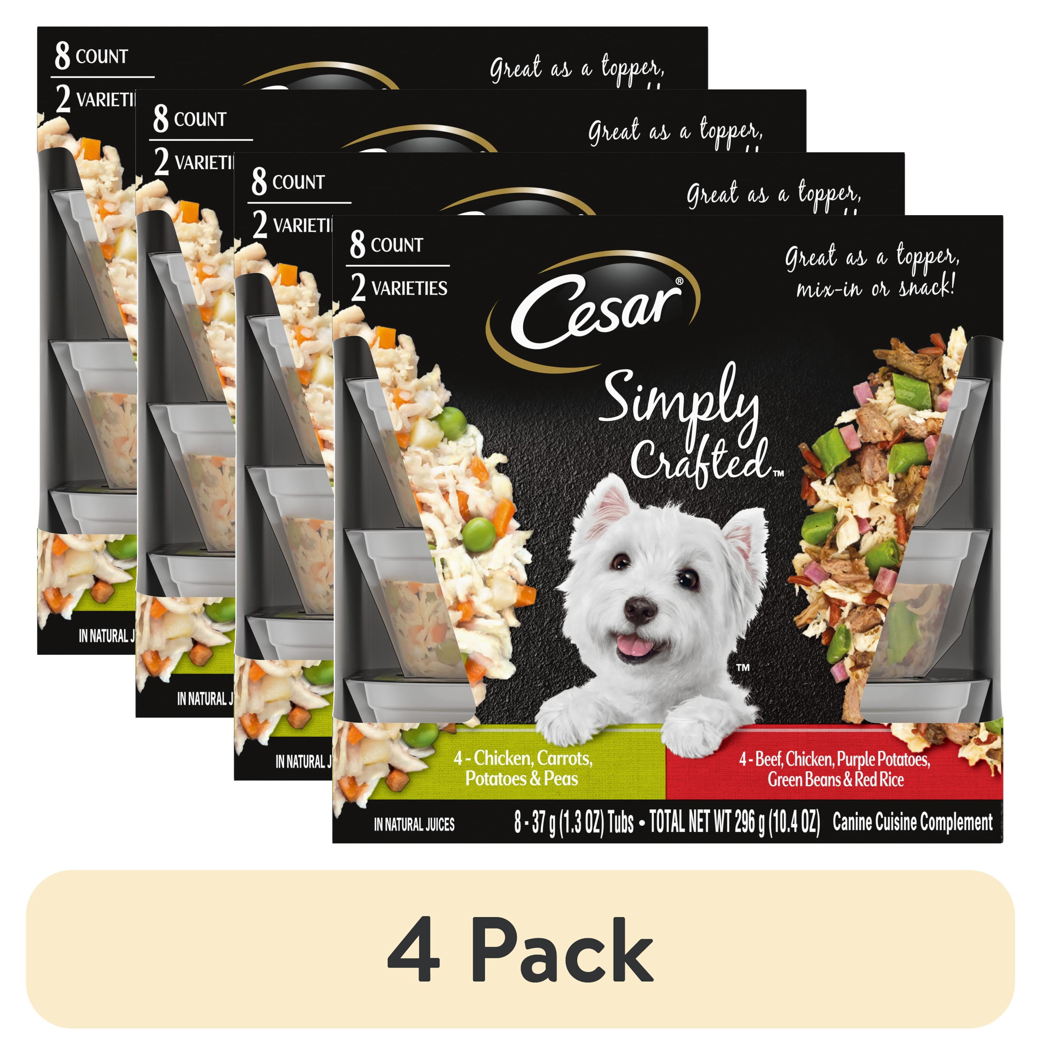 (4 pack) Cesar Simply Crafted Chicken And Beef Recipes Variety Pack Dog Food Toppers, 1.3 Oz Tubs (8 Ct)