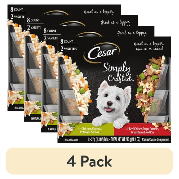 (4 pack) Cesar Simply Crafted Chicken And Beef Recipes Variety Pack Dog Food Toppers, 1.3 Oz Tubs (8 Ct)
