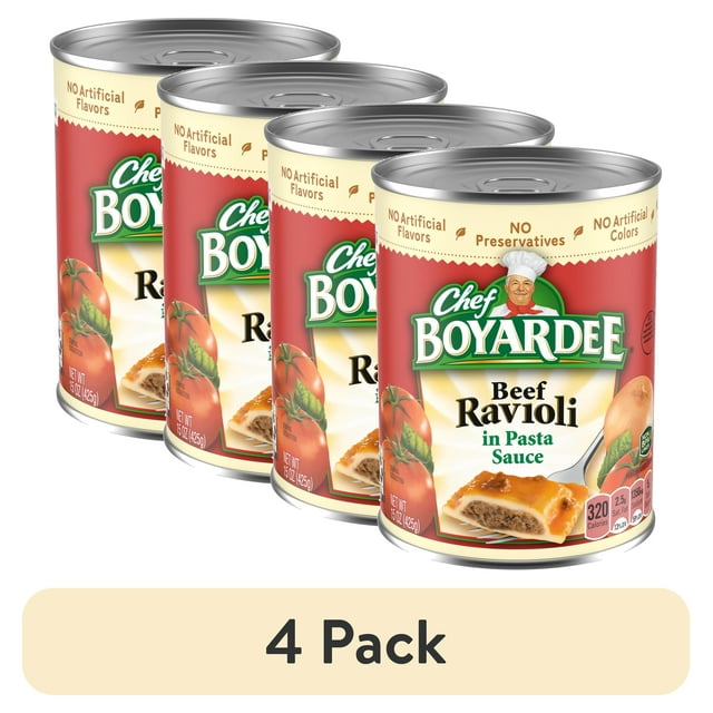 (4 pack) Chef Boyardee Beef Ravioli Canned Pasta, 15 oz