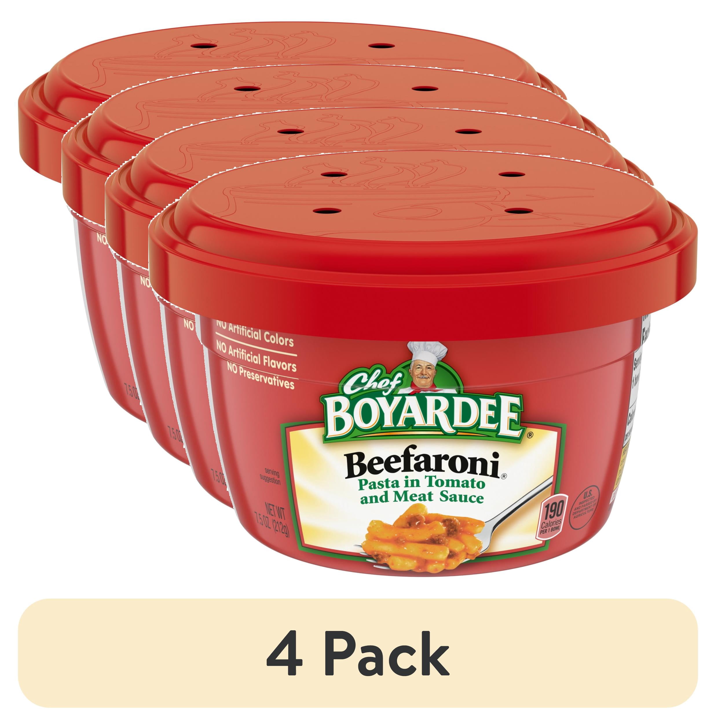 (4 pack) Chef Boyardee Beefaroni, Pasta in Tomato and Meat Sauce, Microwavable Meal, 7.5 oz. Bowl