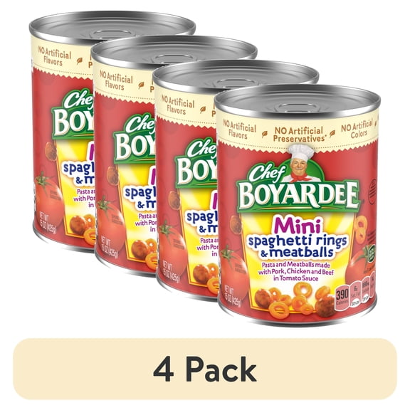 (4 pack) Chef Boyardee Mini Spaghetti Rings and Meatballs in Tomato Sauce, Ready-to-Eat Meal, 15 oz. Can