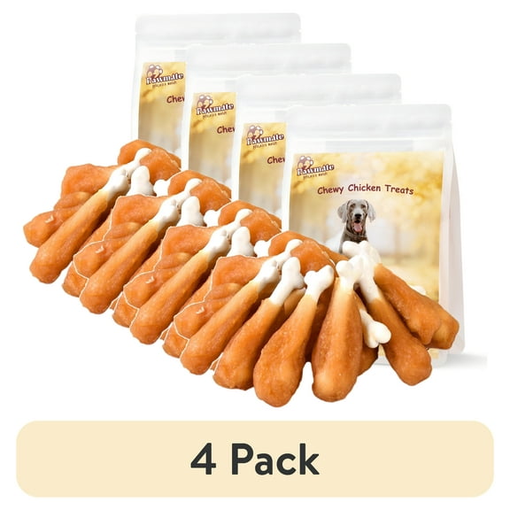 (4 pack) Pawmate Chicken ＆ Calcium Bone, Rawhide Free Teeth Cleanning Treats for All Dogs, 18-19 pcs