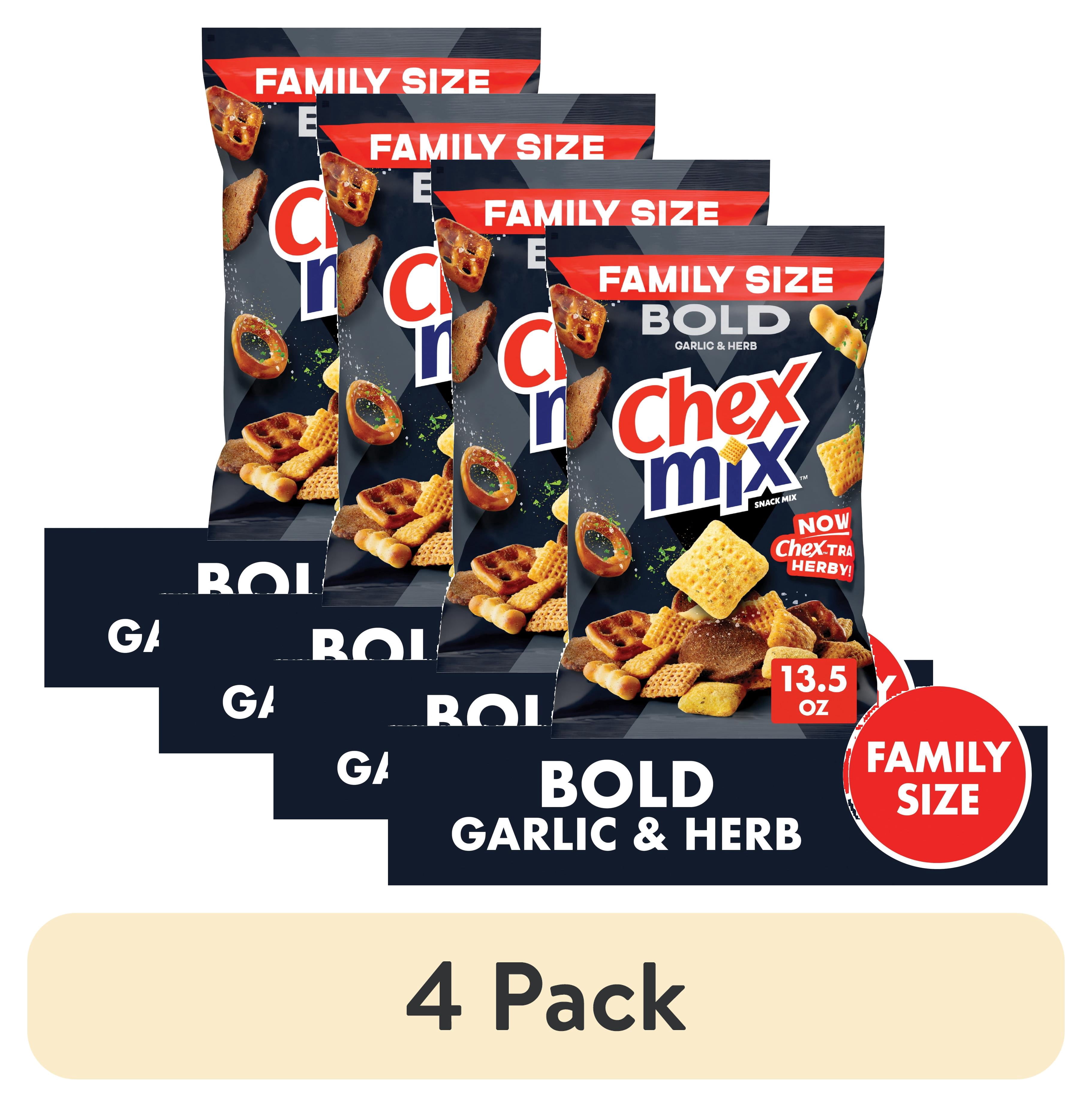 (4 pack) Chex Mix Bold Garlic and Herb Snack Mix, Family Size, Snacks, 13.5 oz