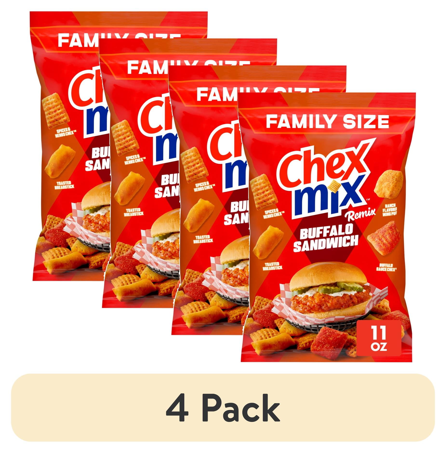 (4 pack) Chex Mix Remix Buffalo Sandwich Snack Mix, Snack Bag, Family Size, 11 oz