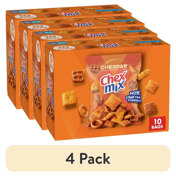 (4 pack) Chex Mix Cheddar Snack Mix, Single Serve Snack Bags, Multipack, 10 Count, 17.5 oz