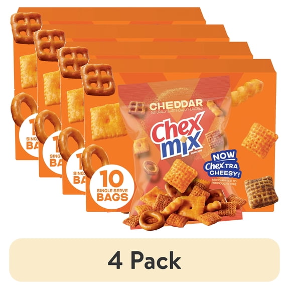 (4 pack) Chex Mix Cheddar Snack Mix, Multipack, Single Serve Snack Bags, 10 Count, 17.5 oz
