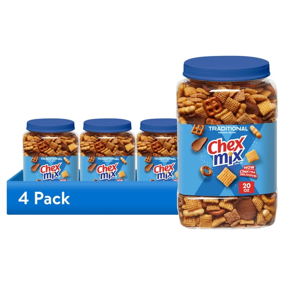 (4 pack) Chex Mix Traditional Original Recipe Snack Mix, Snacks, Tub, 20 oz