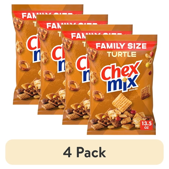 (4 pack) Chex Mix Turtle Snack Mix, Indulgent Snack Bag, Family Size, 13.5 oz