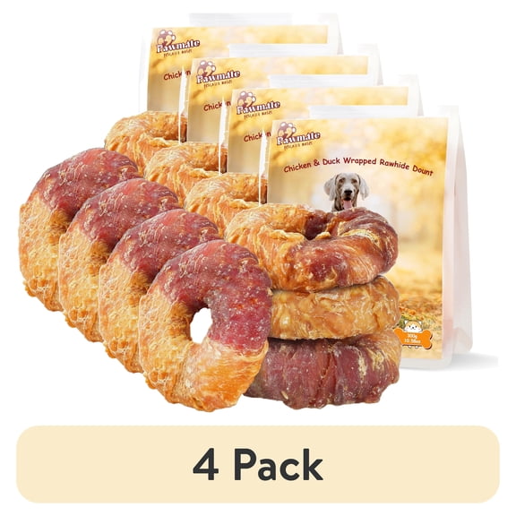 (4 pack) Pawmate Chicken & Duck Wrapped Rawhide Donut, Long Lasting Chews for Medium Large Dogs, 4 Count