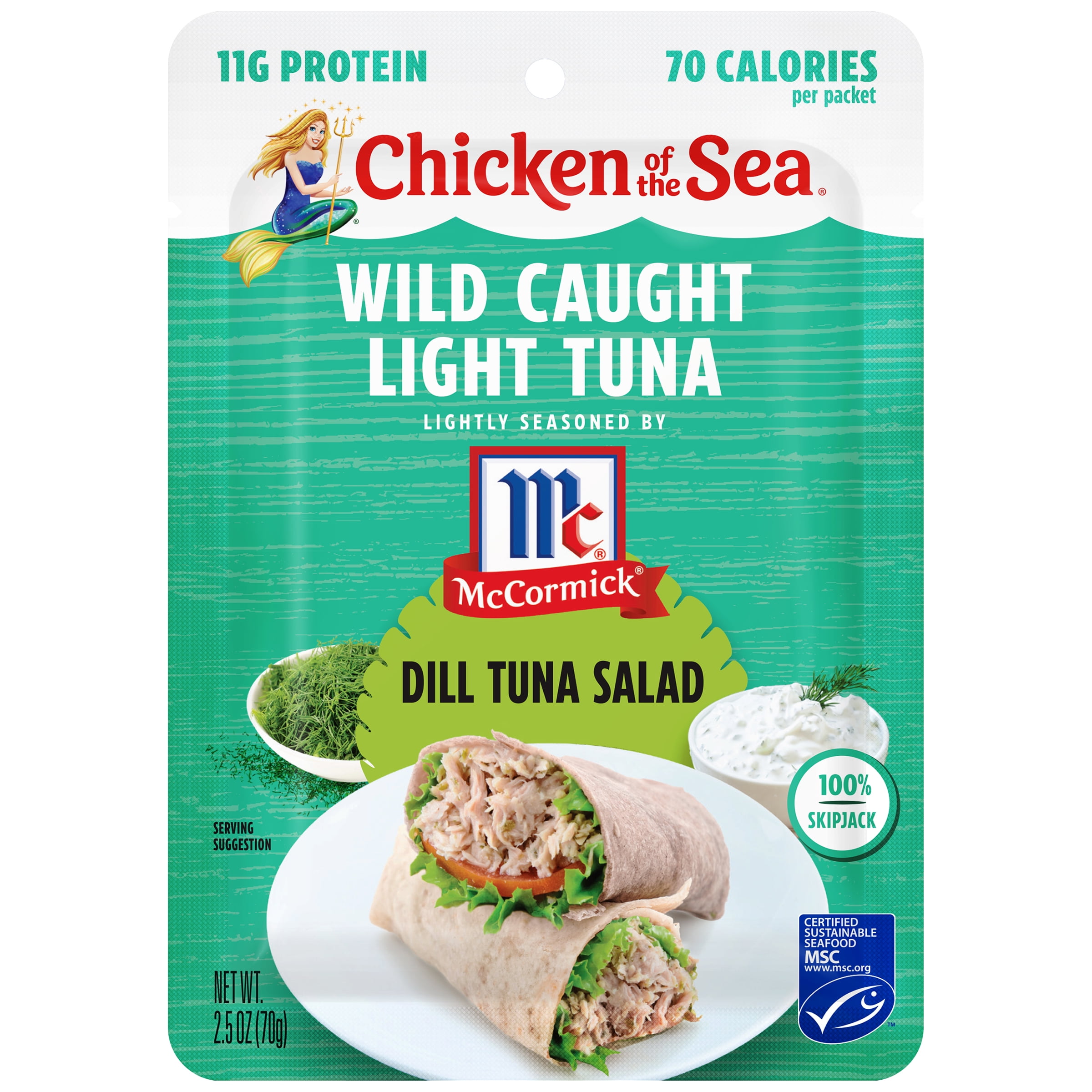(4 pack) Chicken of the Sea Wild Caught Light Tuna Packet, Dill Tuna Salad 2.5 oz