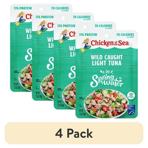 (4 pack) Chicken of the Sea Wild Caught Light Tuna in Spring Water Packet 2.5 oz