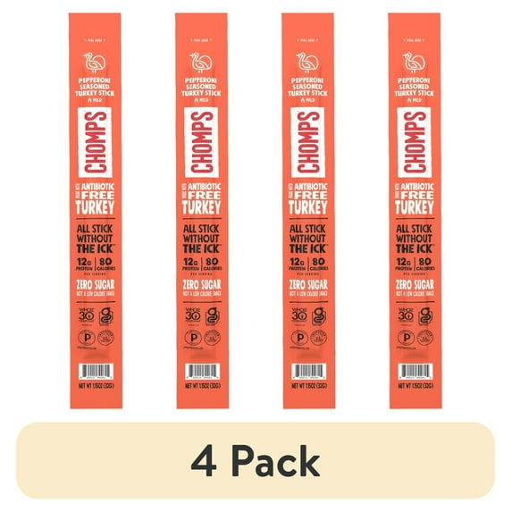 (4 pack) Chomps Antibiotic Free Pepperoni Turkey Stick 1.15oz, Certified Gluten Free and Free From Top 9 Allergens