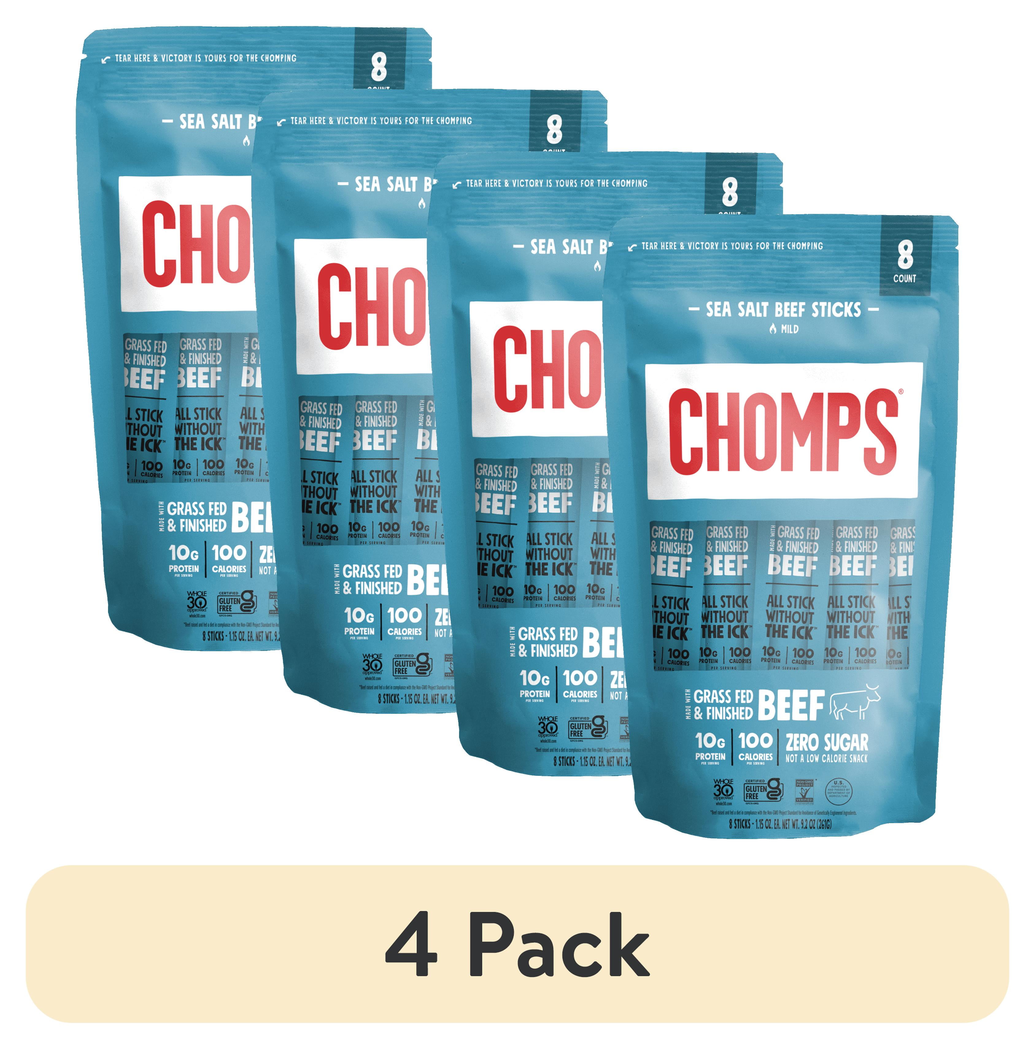 (4 pack) Chomps Grass-Fed and Finished Sea Salt Beef Meat Sticks, 10g of Protein, Certified Gluten Free and Free From the Top 9 Allergens (8 Ct)