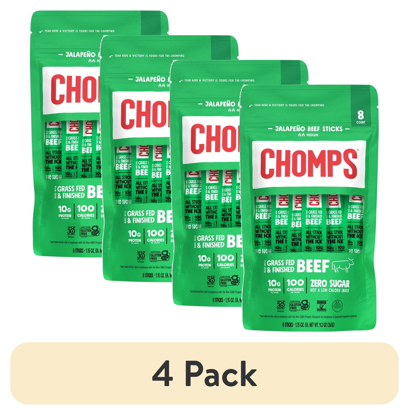 (4 pack) Chomps Grass-Fed and Finished Jalapeo Beef Jerky Snack Sticks, 10g of Protein (8 Count)
