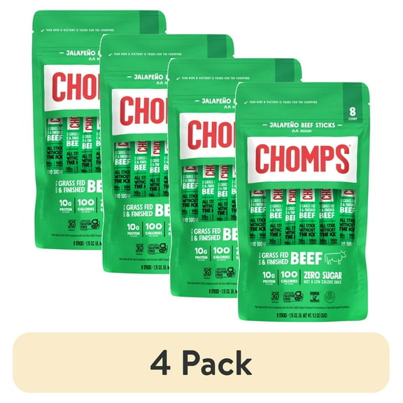 (4 pack) Chomps Grass-Fed and Finished Jalapeo Beef Jerky Snack Sticks, 10g of Protein (8 Count)