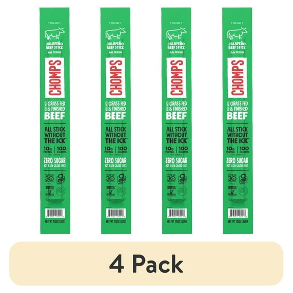 (4 pack) Chomps Grass-Fed and Finished Jalapeo Beef Meat Snack Stick, 10g of Protein