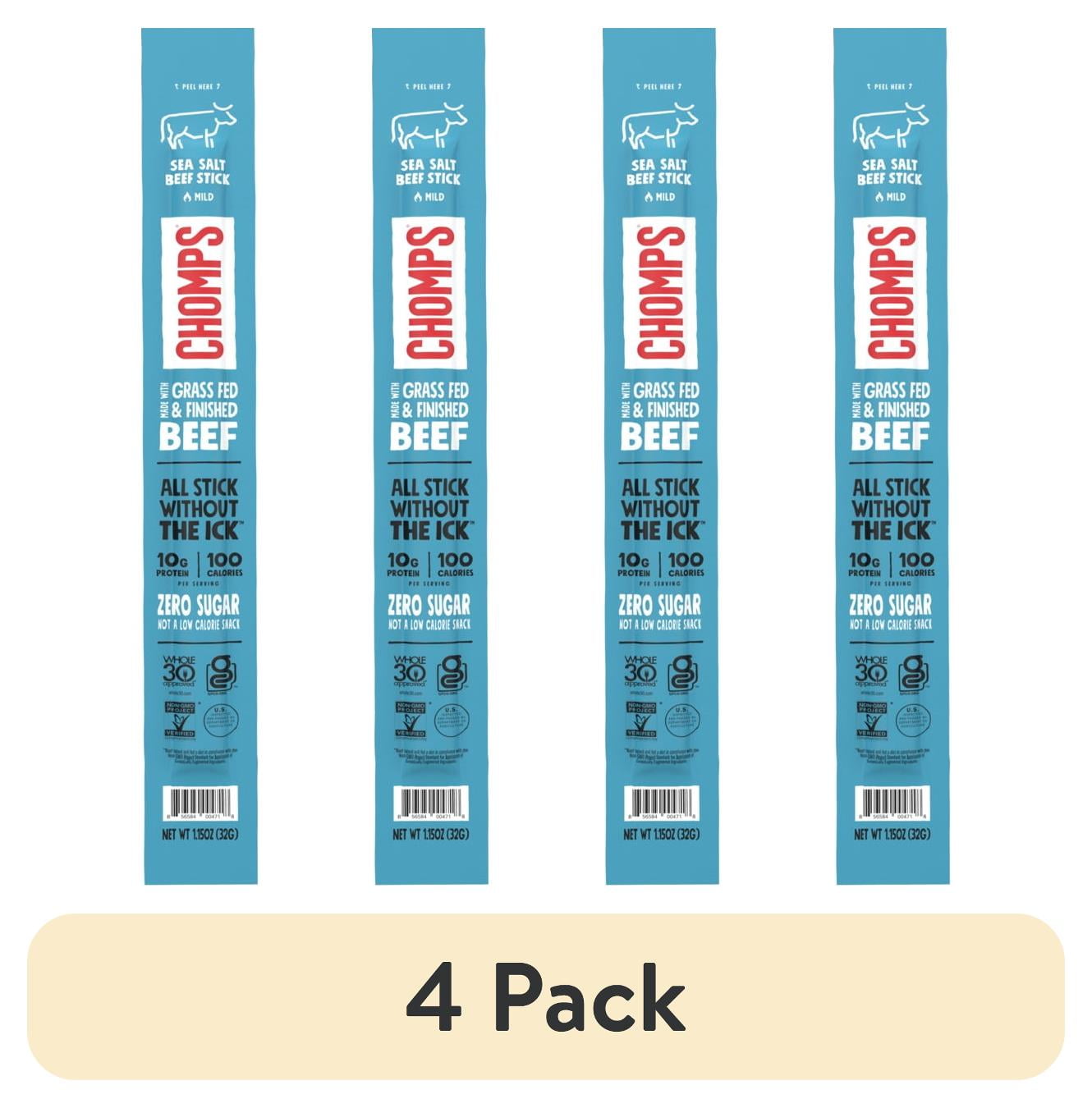 (4 pack) Chomps Grass-Fed and Finished Sea Salt Beef Jerky Snack Stick, 10g of Protein