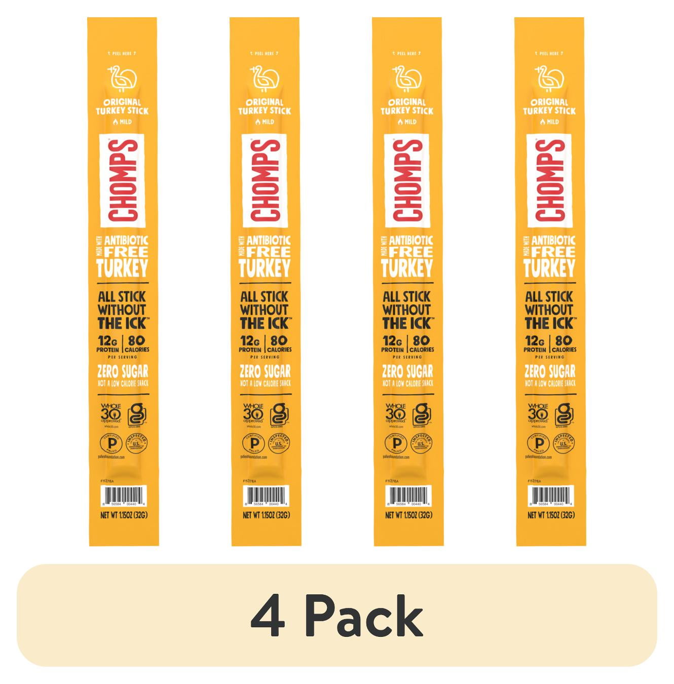 (4 pack) Chomps Antibiotic Free Original Turkey Jerky Snack Stick, 12g of Protein