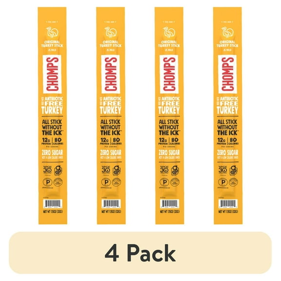 (4 pack) Chomps Antibiotic Free Original Turkey Jerky Snack Stick, 12g of Protein